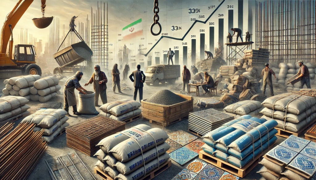 "تصویری از بحران افزایش قیمت مصالح ساختمانی در ایران، شامل کیسه‌های سیمان، میلگرد، کاشی و سرامیک که در یک سایت ساختمانی قرار دارند. این تصویر نشان‌دهنده چالش‌های صنعت ساخت‌وساز با تأکید بر افزایش روزافزون قیمت‌ها و فشار بر سازندگان و فروشندگان است." "An image depicting the ongoing price increase of building materials in Iran, featuring cement bags, steel rebar, ceramic tiles, and floor tiles at a construction site. The image highlights the challenges faced by the construction industry, with an emphasis on the escalating costs and pressure on builders and sellers."